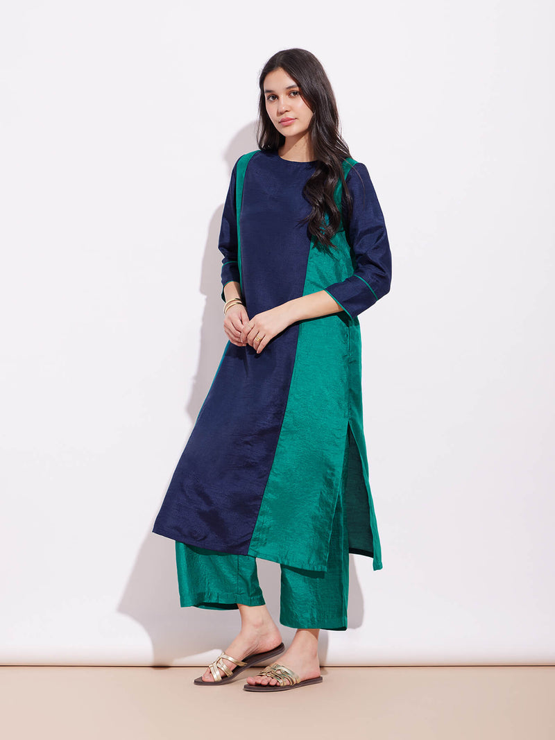 Silk Blend Colourblock Kurta Set - Blue & Teal