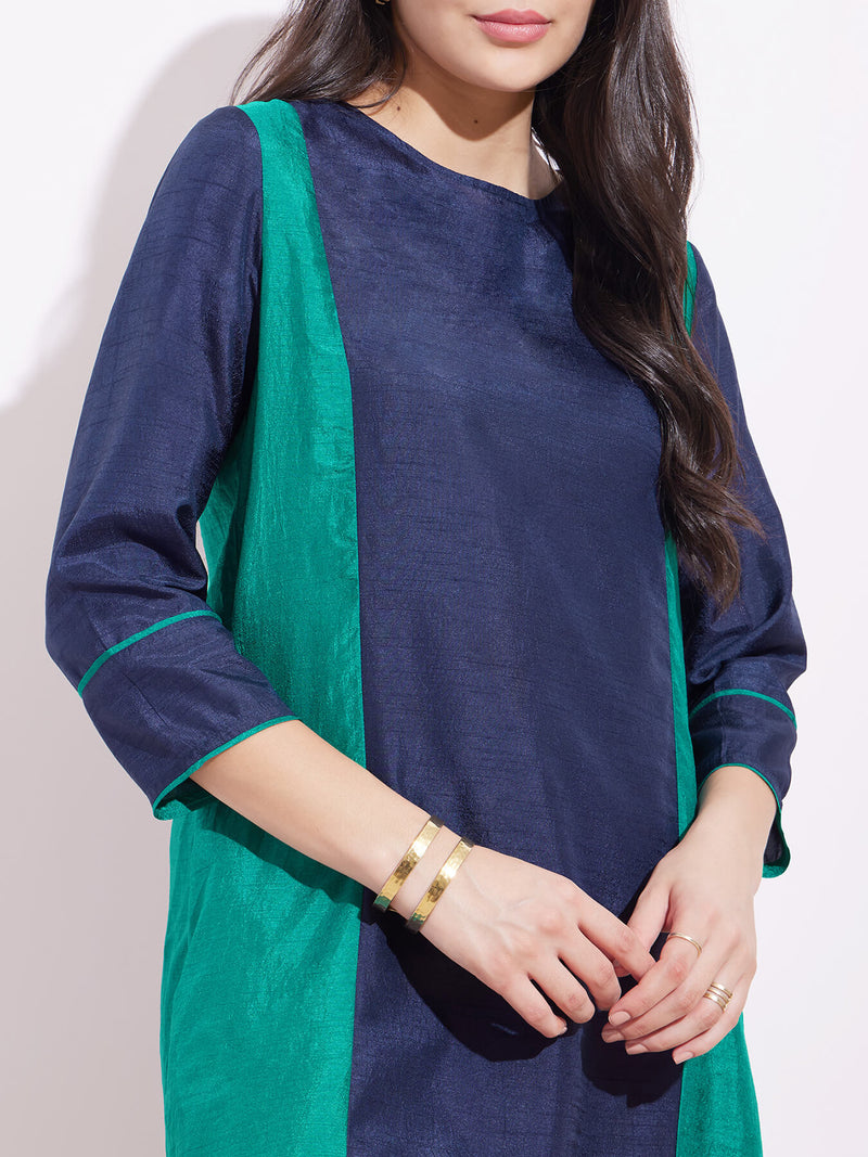 Silk Blend Colourblock Kurta Set - Blue & Teal