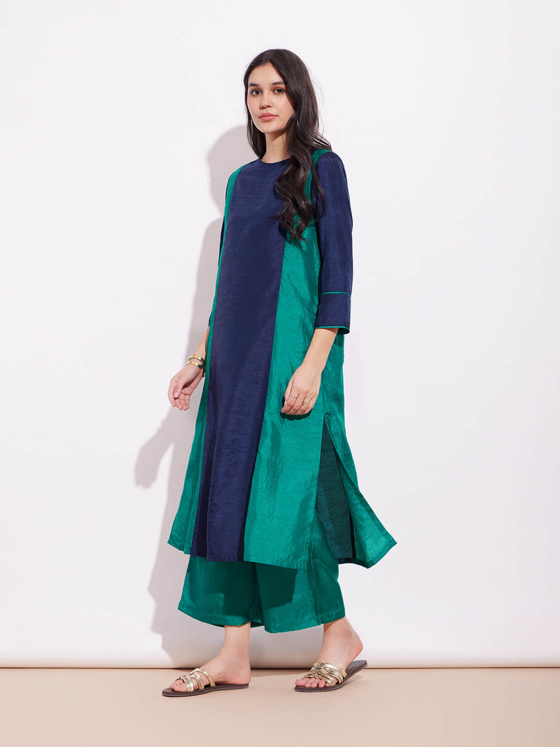 Silk Blend Colourblock Kurta Set - Blue & Teal