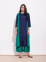 Silk Blend Colourblock Kurta Set - Blue & Teal