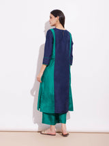 Silk Blend Colourblock Kurta Set - Blue & Teal