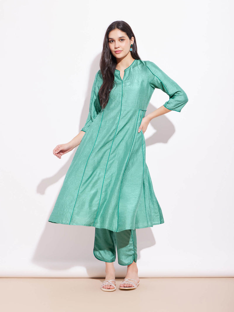 Silk Blend Colourblock Kurta Set - Teal & Green