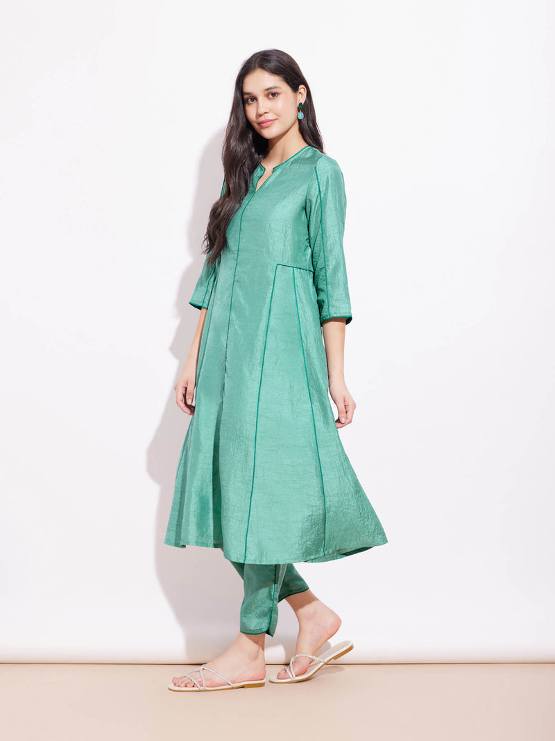 Silk Blend Colourblock Kurta Set - Teal & Green