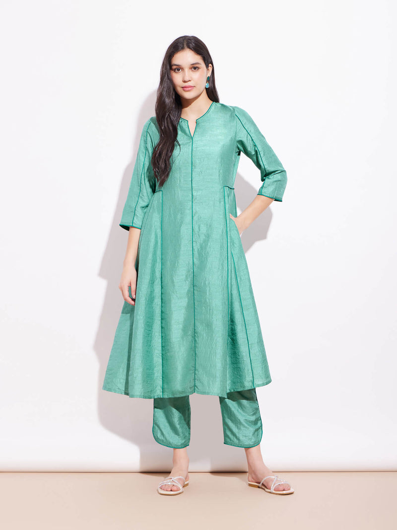 Silk Blend Colourblock Kurta Set - Teal & Green