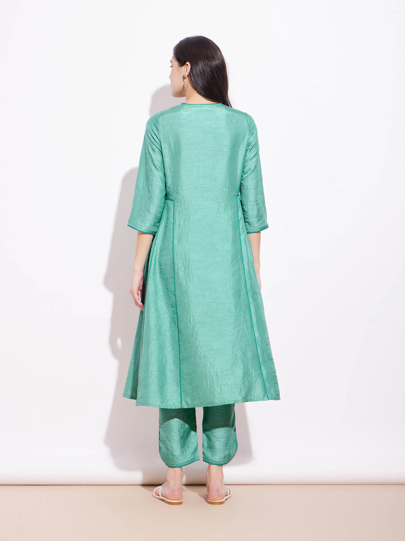 Silk Blend Colourblock Kurta Set - Teal & Green