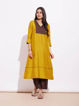 Silk Blend Colourblock Kurta Set - Mustard & Brown