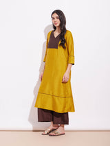 Silk Blend Colourblock Kurta Set - Mustard & Brown