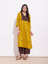 Silk Blend Colourblock Kurta Set - Mustard & Brown