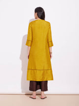 Silk Blend Colourblock Kurta Set - Mustard & Brown