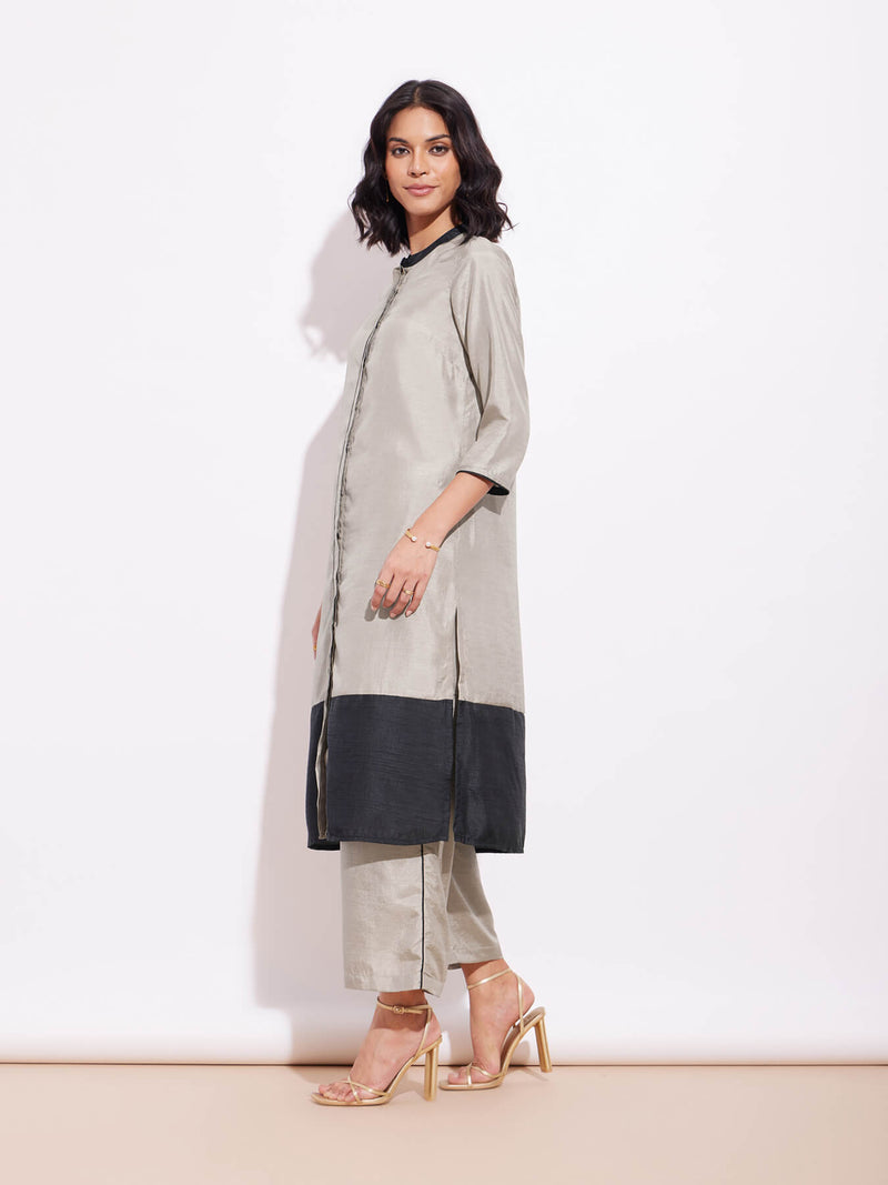 Silk Blend Colourblock Kurta Set - Grey & Black