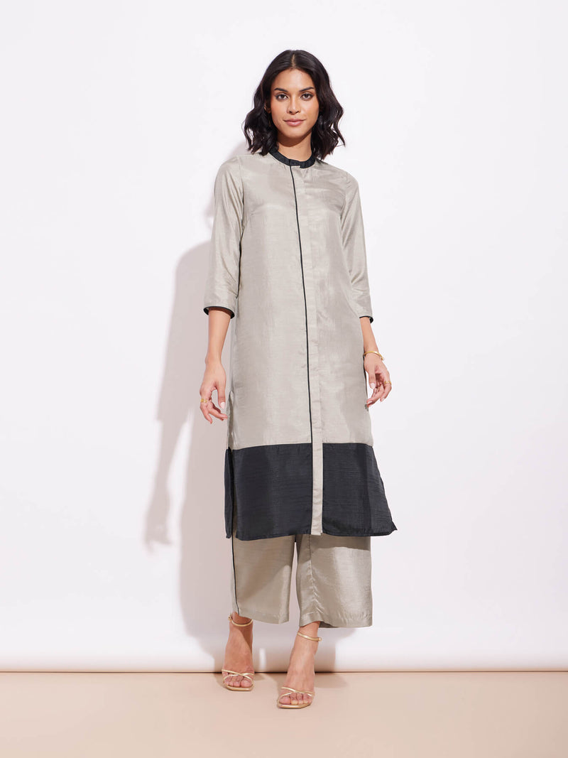 Silk Blend Colourblock Kurta Set - Grey & Black