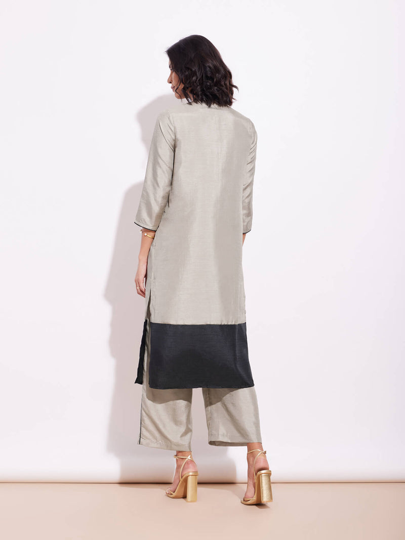 Silk Blend Colourblock Kurta Set - Grey & Black