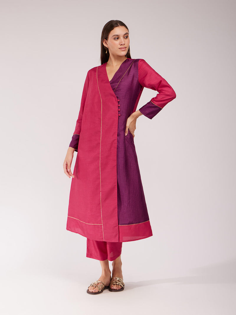 Silk Blend Colourblock Kurta Set - Pink & Purple