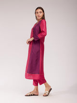 Silk Blend Colourblock Kurta Set - Pink & Purple