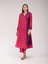 Silk Blend Colourblock Kurta Set - Pink & Purple