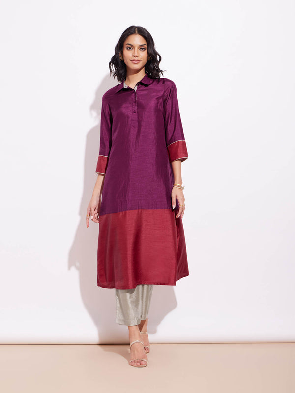 Silk Blend Colourblock Kurta Set - Purple & Red