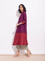 Silk Blend Colourblock Kurta Set - Purple & Red