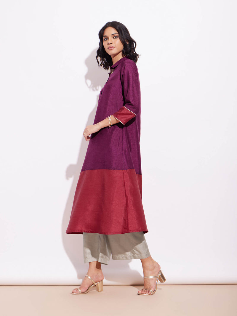 Silk Blend Colourblock Kurta Set - Purple & Red