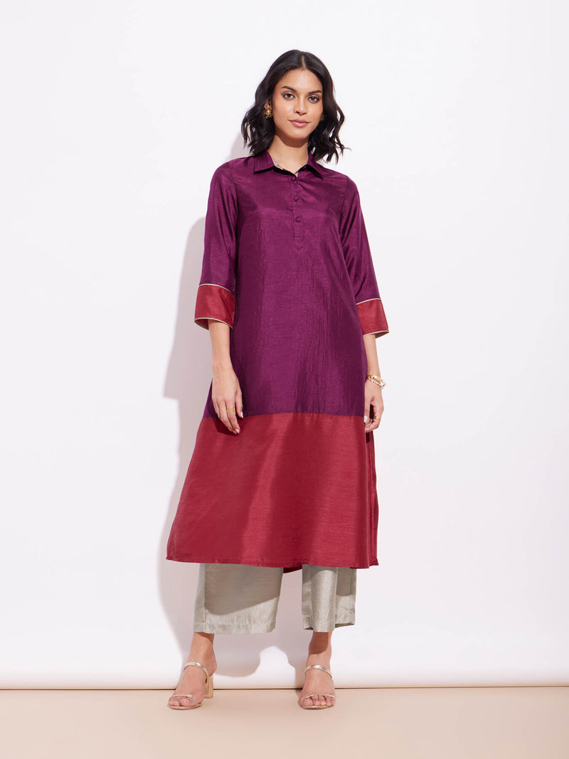 Silk Blend Colourblock Kurta Set - Purple & Red