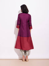 Silk Blend Colourblock Kurta Set - Purple & Red