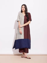 Silk Blend Colourblock Kurta Set - Grey & Brown