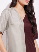 Silk Blend Colourblock Kurta Set - Grey & Brown