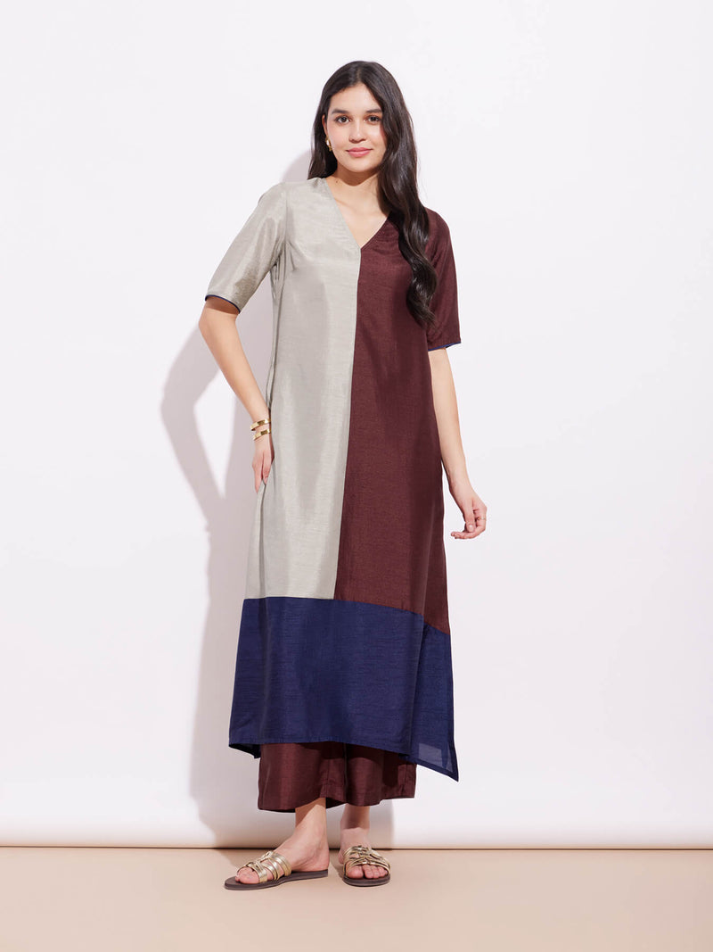 Silk Blend Colourblock Kurta Set - Grey & Brown