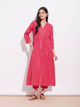 Cotton Lurex Gold Striped Kurta Set - Red