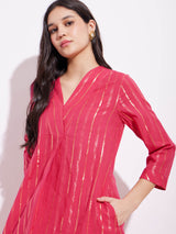 Cotton Lurex Gold Striped Kurta Set - Red