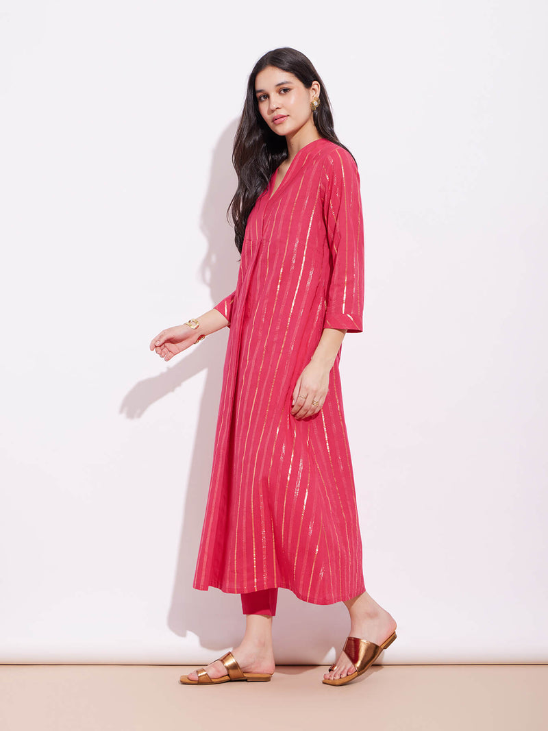 Cotton Lurex Gold Striped Kurta Set - Red