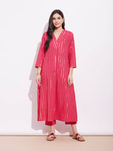 Cotton Lurex Gold Striped Kurta Set - Red