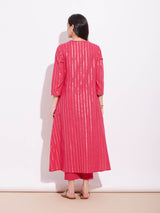 Cotton Lurex Gold Striped Kurta Set - Red