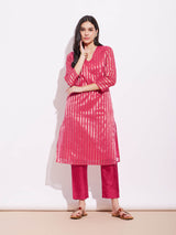 Silk Tissue Zari Striped Kurta Set - Pink & Gold