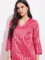 Silk Tissue Zari Striped Kurta Set - Pink & Gold