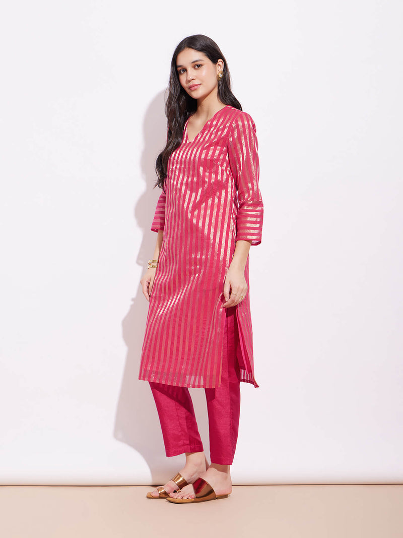 Silk Tissue Zari Striped Kurta Set - Pink & Gold