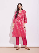 Silk Tissue Zari Striped Kurta Set - Pink & Gold