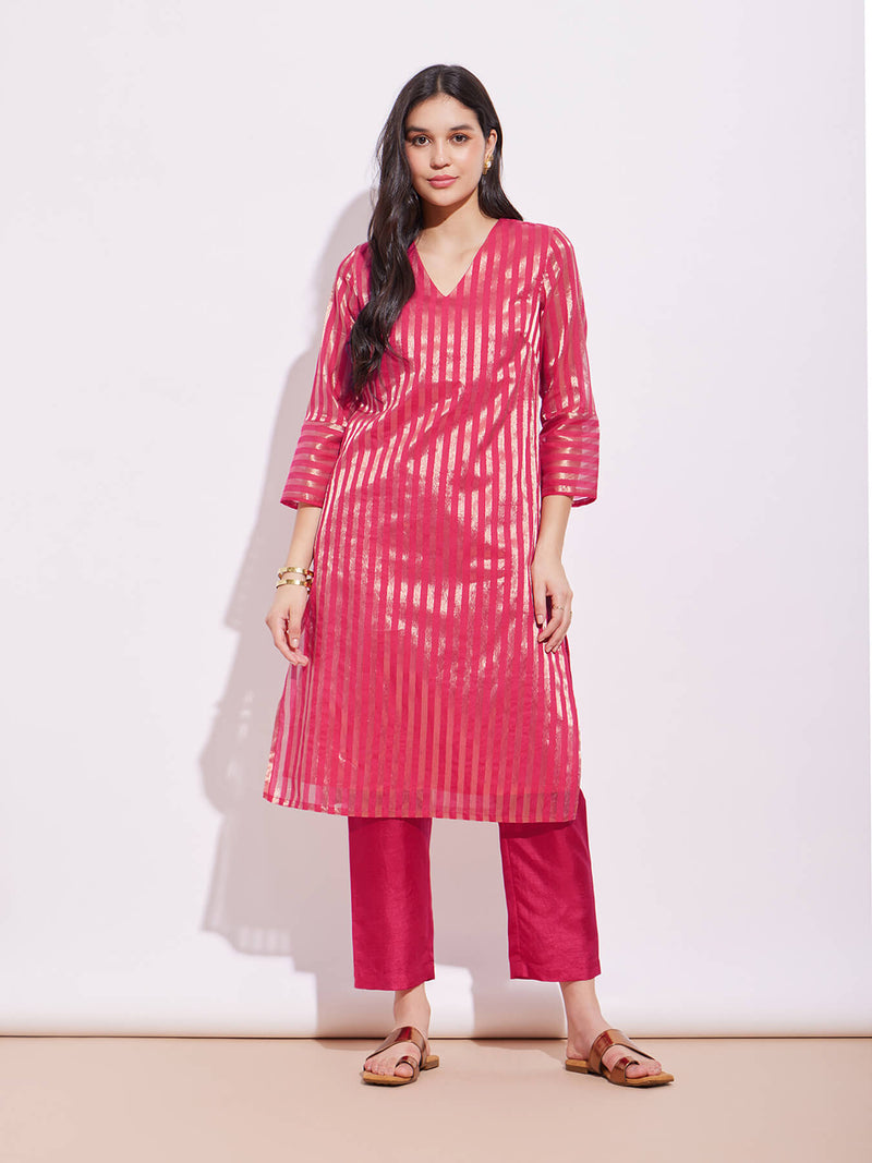 Silk Tissue Zari Striped Kurta Set - Pink & Gold