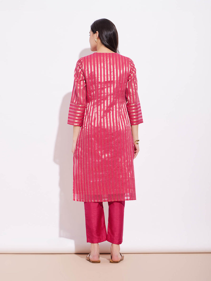 Silk Tissue Zari Striped Kurta Set - Pink & Gold