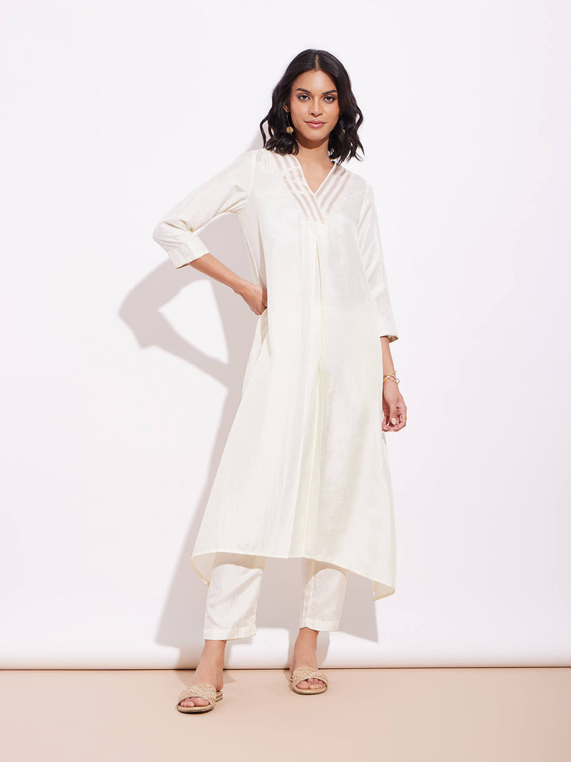 Poly Silk A-Line Kurta Set - Off-White & Gold