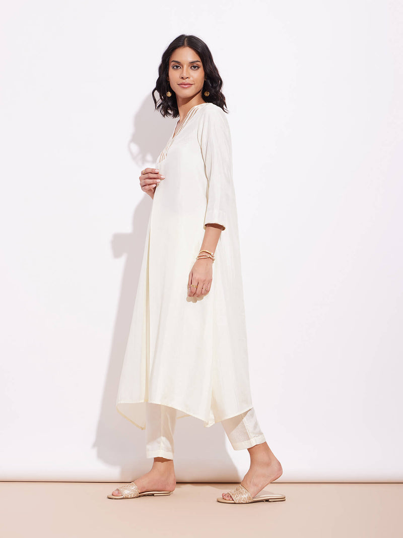 Poly Silk A-Line Kurta Set - Off-White & Gold