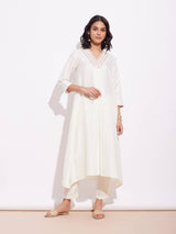 Poly Silk A-Line Kurta Set - Off-White & Gold