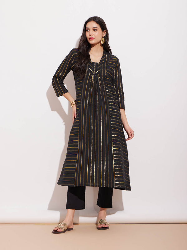 Cotton Lurex Gold Striped Kurta Set - Black