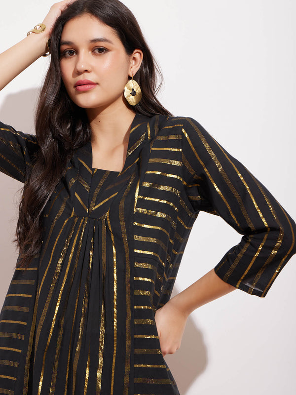 Cotton Lurex Gold Striped Kurta Set - Black