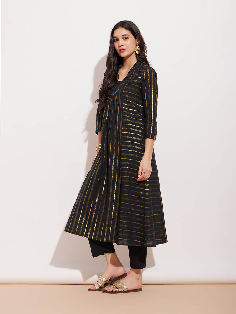 Cotton Lurex Gold Striped Kurta Set - Black