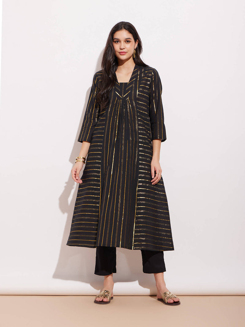 Cotton Lurex Gold Striped Kurta Set - Black