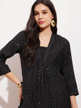 Poly Silk Polka Kurta Set - Black