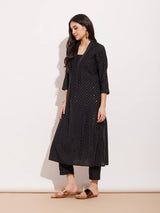 Poly Silk Polka Kurta Set - Black