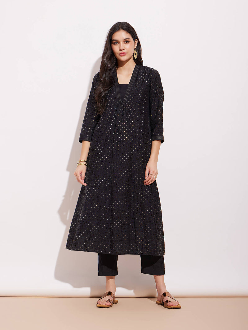 Poly Silk Polka Kurta Set - Black