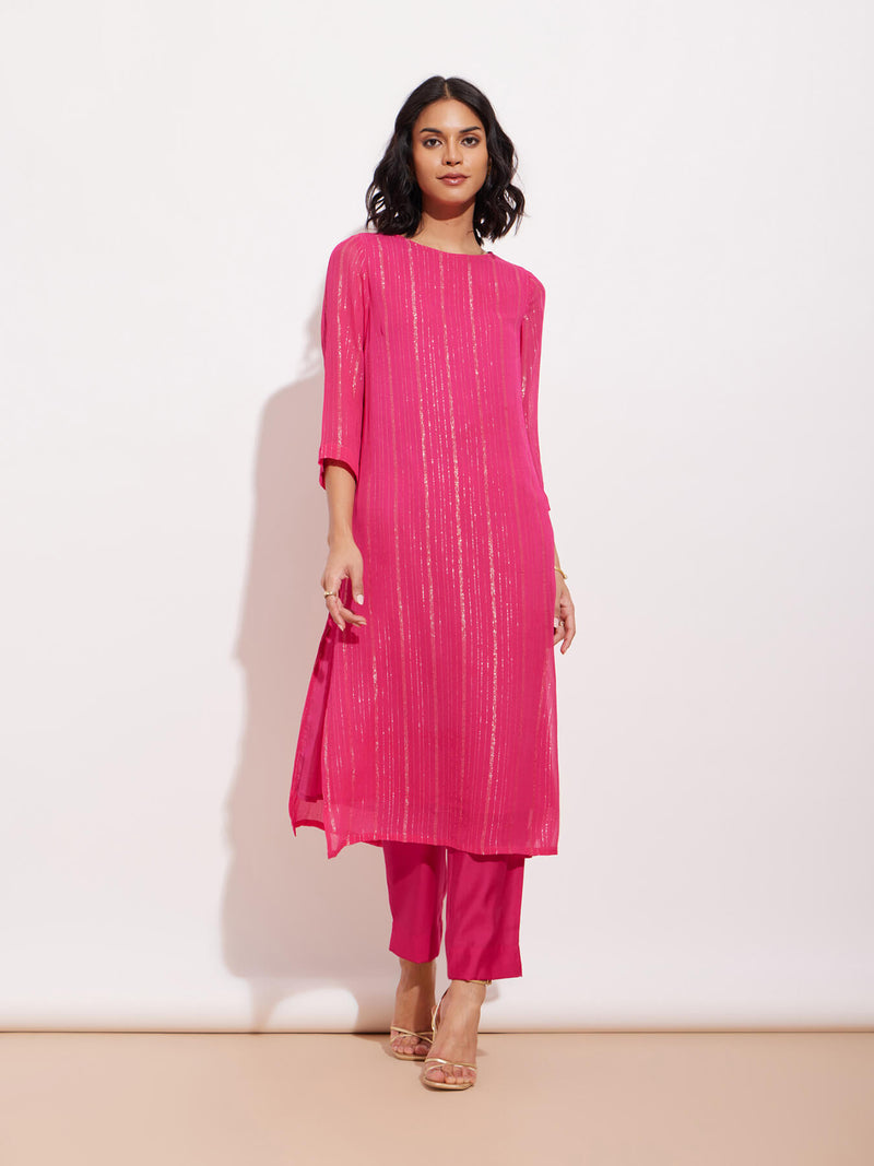 Georgette Lurex Gold Striped Kurta Set - Fuchsia