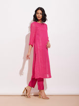 Georgette Lurex Gold Striped Kurta Set - Fuchsia